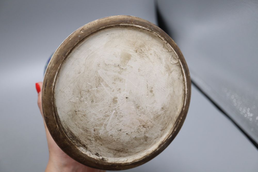 A Chinese blue and white meat dish, a Cantonese vase and another piece, tallest 24cm